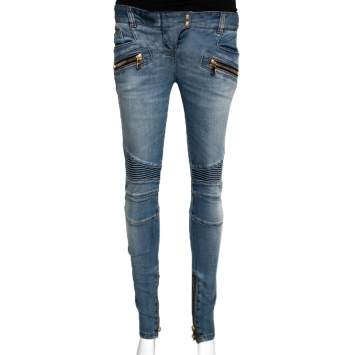 Pre Owned Balmain Blue Denim Zip Detail Skinny Jeans S