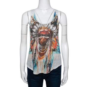 Pre Owned Balmain Pale Grey Linen Jersey Red Indian Print Sleeveless Tank Top S