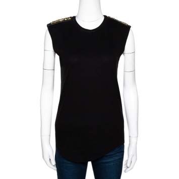 Pre Owned Balmain Black Cotton Metal & Leather Shoulder Trim Sleeveless T-Shirt S 