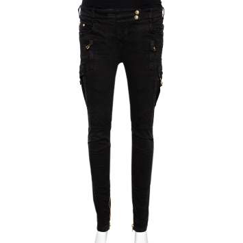 Pre Owned Balmain Black Cotton Zipper Detail Skinny Pants S