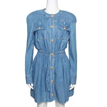 Pre Owned Balmain Blue Quilted Denim Long Sleeve Dress S
