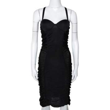 Pre Owned Balmain Black Stretch Knit Ruched Bustier Dress M