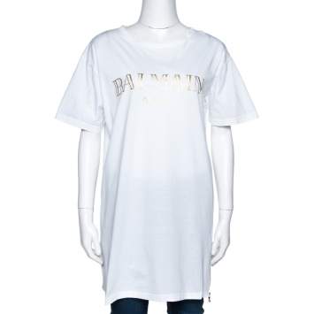 Pre Owned Balmain White Logo Print Cotton Side Zip Detail Oversized T-Shirt L