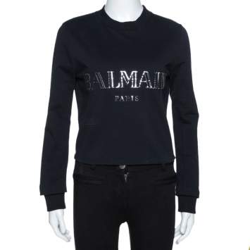 Pre Owned Balmain Black Cotton Metallic Logo Applique Cropped Sweatshirt Top M