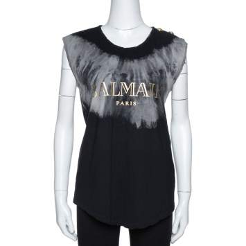 Pre Owned Balmain Grey Tie Dye Cotton Logo Print Sleeveless T Shirt M