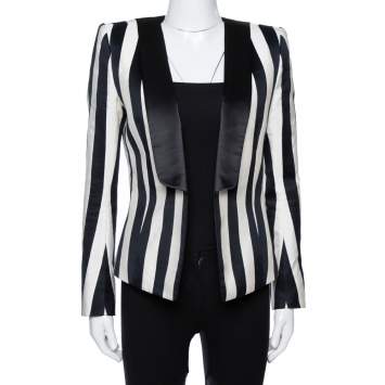 Pre Owned Balmain Monochrome Striped Open Front Blazer M