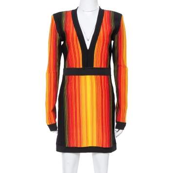 Pre Owned Balmain Multicolor Striped Knit Long Sleeve Mini Dress L