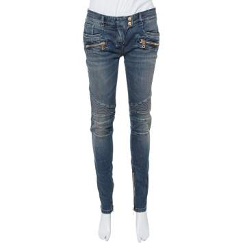 Pre Owned Balmain Dark Blue Denim Ribbed Biker Jeans M