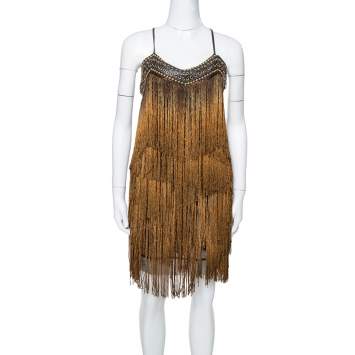 Pre Owned Balmain Gold Fringed Stud Embellished Fitted Mini Dress M