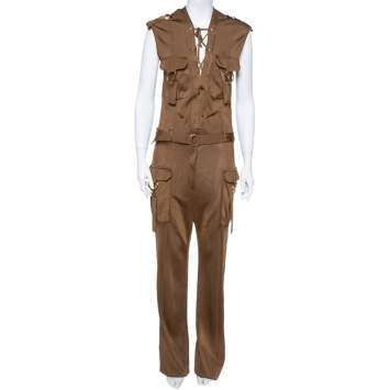 Pre Owned Balmain Metallic Brown Stretch Knit Sleeveless Safari Jumpsuit L 