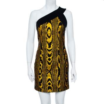 Pre Owned Balmain Black & Gold Jacquard Stripe One Shoulder Mini Dress M