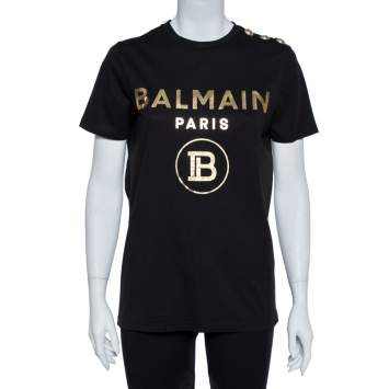 Pre Owned Balmain Black Cotton Knit Metallic Logo Print T-Shirt M