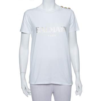 Pre Owned Balmain White Cotton Gold Logo Printed Button Detail Crewneck T Shirt S