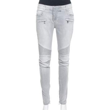Pre Owned Balmain Grey Denim Quilted Detail Skinny Jeans M