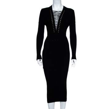 Pre Owned Balmain Black Rib Knit Lace Up Neckline Fitted Dress S