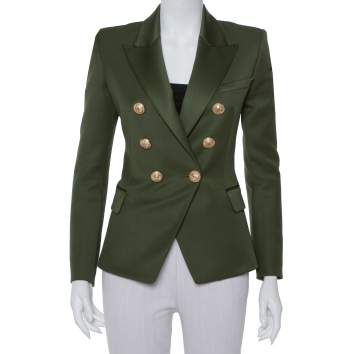 Pre Owned Balmain Army Green Wool Double-Breasted Blazer S