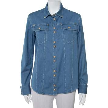 Pre Owned Balmain Blue Denim Gold Button Detail Long Sleeve Shirt M