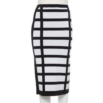 Pre Owned Balmain Monochrome Block Patterned Knit High Waist Midi Skirt M