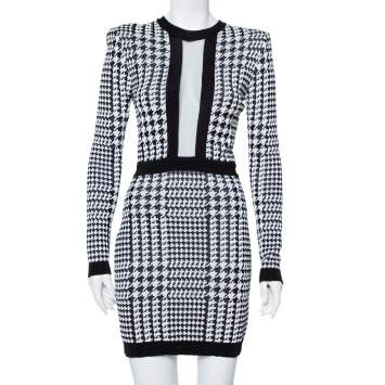 Pre Owned Balmain Monochrome Houndstooth Pattern Knit Mini Dress M