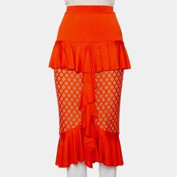 Pre Owned Balmain Orange Knit Ruffled Midi Skirt M