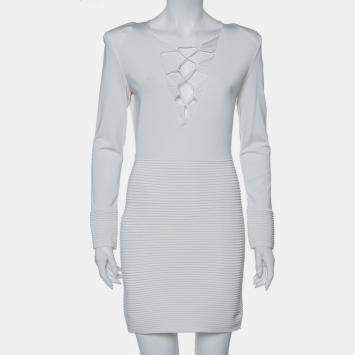Pre Owned Balmain White Textured Knit Lace Up Tie Detail Mini Dress M