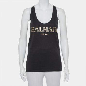 Pre Owned Balmain Black Cotton Logo Printed Tank Top M
