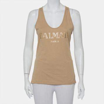 Pre Owned Balmain Beige Cotton Logo Printed Tank Top M