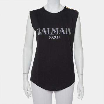 Pre Owned Balmain Black Cotton Crystal Logo Embellished Button Detail Sleeveless T-Shirt M