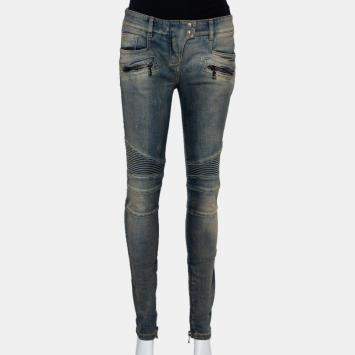 Pre Owned Balmain Blue Denim Quilted Detail Faded Effect Biker Jeans M