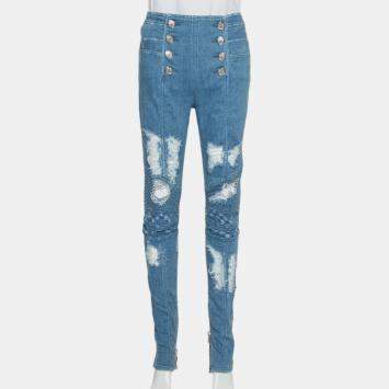Pre Owned Balmain Blue Denim High Waist Distressed Jeans M