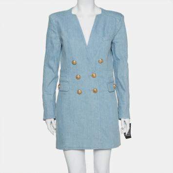 Pre Owned Balmain Blue Denim Double Breasted Mini Dress L