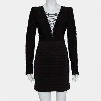 Pre Owned Balmain Black Knit Lace Up Detail Mini Dress M