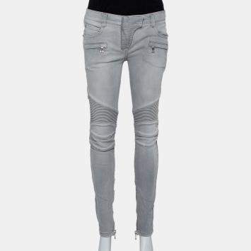 Pre Owned Balmain Grey Denim Biker Jeans M