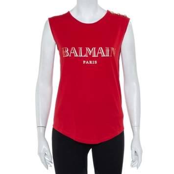 Pre Owned Balmain Red Logo Printed Cotton Shoulder Button Detail Sleeveless T-Shirt S