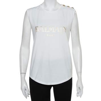 Pre Owned Balmain White Logo Printed Cotton Shoulder Button Detail Sleeveless T-Shirt M