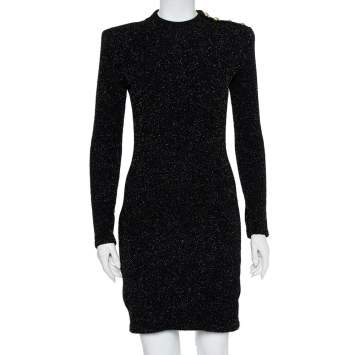 Pre Owned Balmain Black Lurex Knit Shoulder Button Detail Mini Dress M