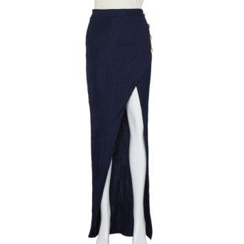 Pre Owned Balmain Navy Blue Rib Knit Thigh High Slit Detail Faux Wrap Maxi Skirt S
