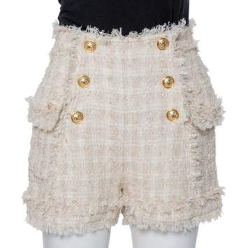 Pre Owned Balmain Cream Tweed Button Detail Shorts S
