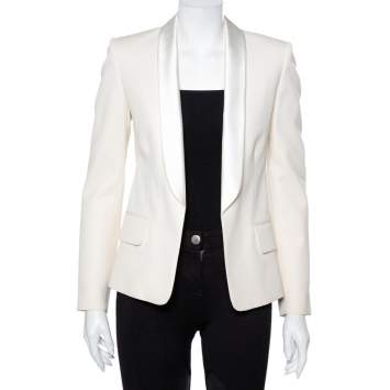 Pre Owned Balmain Cream Wool Satin Trim Open Front Blazer M