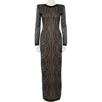 Pre Owned Balmain Black Perforated Stretch Knit Long Sleeve Dress S