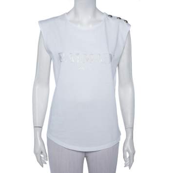 Pre Owned Balmain White Logo Printed Cotton Button Detail Sleeveless T-Shirt S