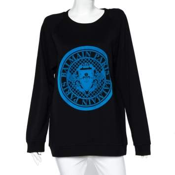 Pre Owned Balmain Black Cotton Knit Fleece Logo Detail Oversized Sweatshirt M