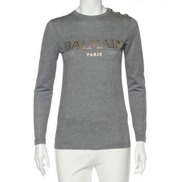 Pre Owned Balmain Grey Logo Print Cotton Long Sleeve T-Shirt XXS