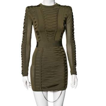 Pre Owned Balmain Olive Green Knit Cinched Waist Detailed Lace Up Mini Dress S