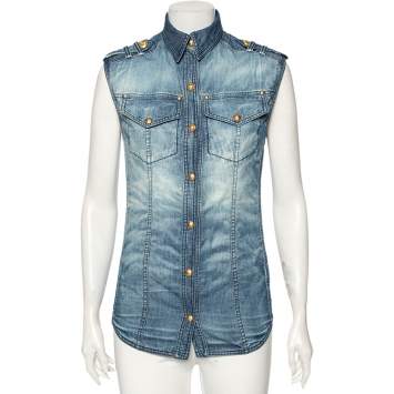 Pre Owned Balmain Blue Faded Effect Denim Pocket Detailed Button Front Sleeveless Shirt S