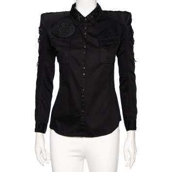 Pre Owned Balmain Black Embroidered & Embellished Cotton Button Front Military Shirt M