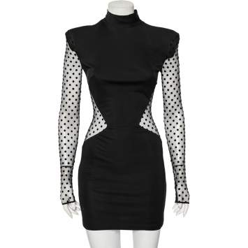 Pre Owned Balmain Black Jersey Polka Dotted Mesh Inset Detail Short Dress M