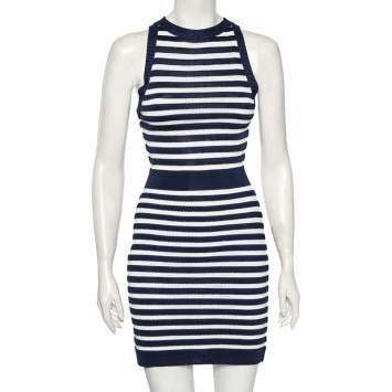 Pre Owned Balmain Navy Blue Striped Knit Sleeveless Dress S