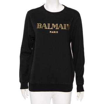 Pre Owned Balmain Black Cotton Logo Printed Crew Neck Sweatshirt S