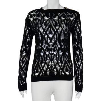 Pre Owned Balmain Black Perforated Knit Sheer Crewneck Top S